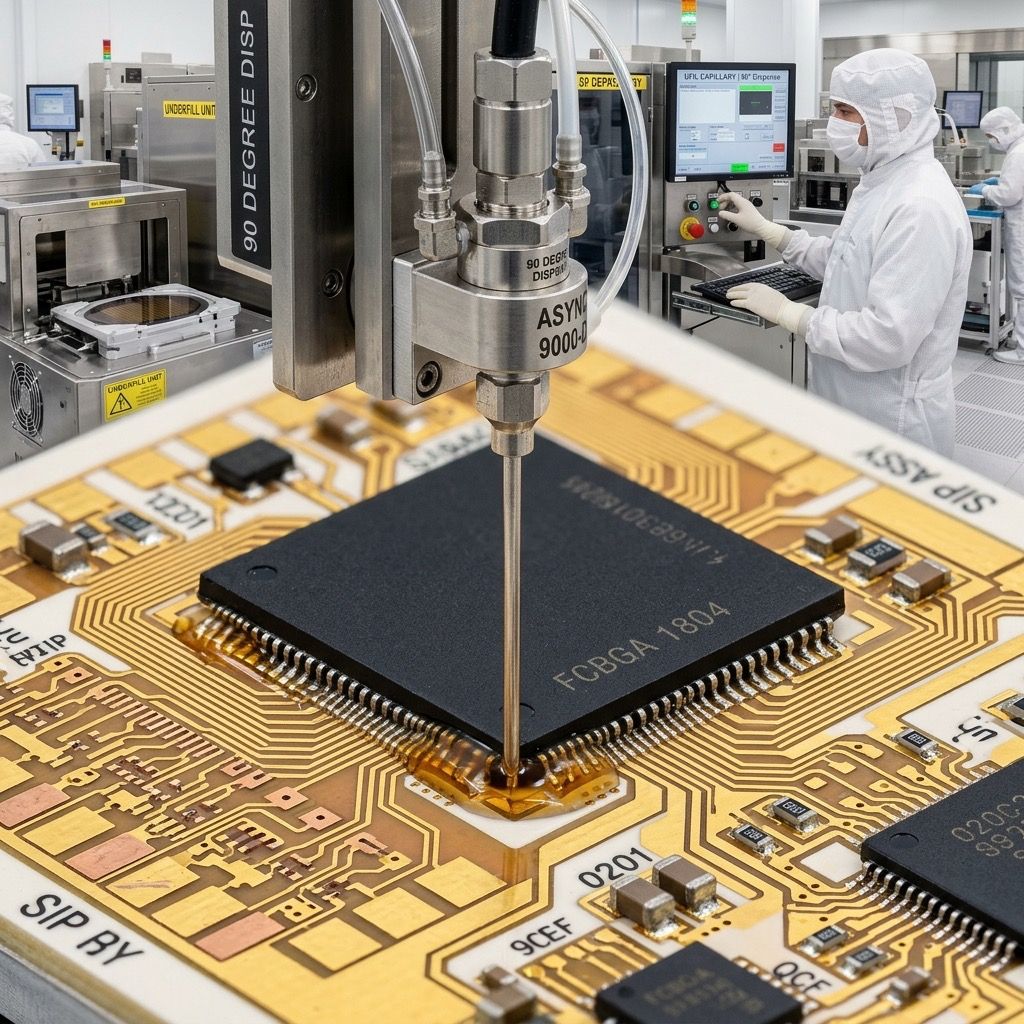 Underfill dispensing process close-up on FCBGA package